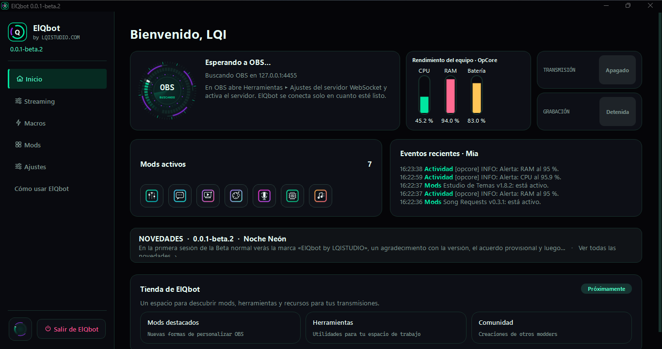 Pantalla de inicio de ElQBot con estado de OBS, rendimiento del equipo y mods activos
